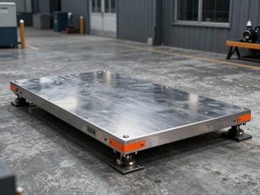 Heavy-duty industrial truck scale platform on a concrete foundation, outdoor factory setting, dramatic sky, metallic texture.
