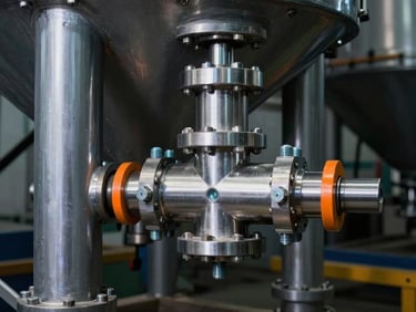 Close-up of a stainless steel load cell installed under an industrial silo leg, metallic bolts, rugged hardware.