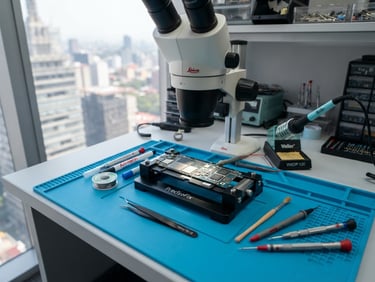 Macro shot of a clean technical workbench at Ingeniería Móvil, bright daylight from high-altitude window, precision micro-soldering tools laid out neatly on a blue anti-static mat, Torre Latinoamericana CDMX