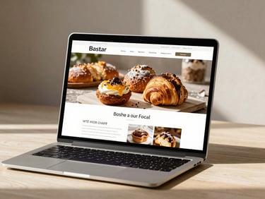 A modern laptop screen displaying a clean, vibrant artisan bakery website, warm natural lighting, soft desk shadows, neutral background.