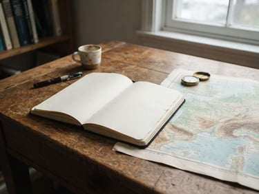 Medium-close shot of an open paper notebook on a heavy oak desk next to a physical map, soft natural overcast window light, warm editorial photography, muted academic tones, 35mm lens