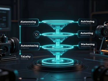 Clean UI mockup of automated marketing funnels with glowing neon cyan data pipelines flowing through nodes, dark luxury tech-noir aesthetic.