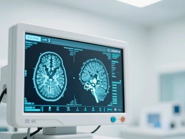 Crisp digital interface showing medical diagnostic data and AI-assisted brain scan mapping, high-key lighting