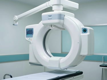 Modern digital X-ray machine arm suspended over an examination table, clean clinical environment, cool white and teal tones