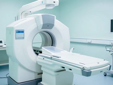 Pristine clinical MRI machine in a sterile white hospital suite, sharp focus, cool digital teal lighting