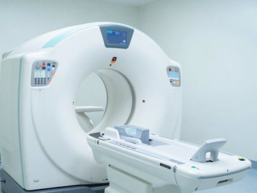 Pristine clinical photography of a high-end MRI machine interface in a bright sterile hospital environment, cool teal accents, sharp focus, 35mm