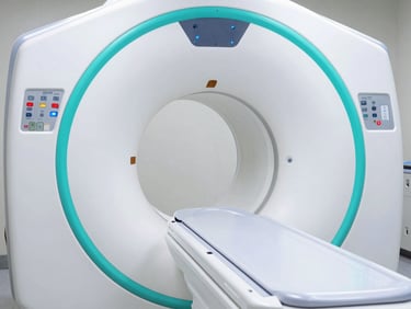 Close-up of a modern MRI machine gantry, sterile white casing with a precise teal light ring, clinical high-key lighting