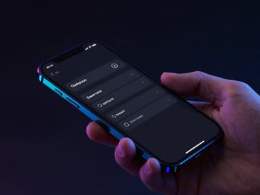 Angled isometric perspective of a hand holding a dark-mode smartphone, cyan and violet rim lights casting sharp reflections on the screen, showing a clean system utility interface, macro depth of field.