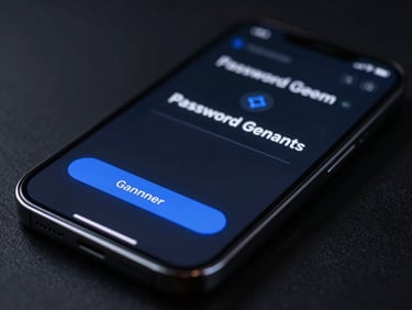 Sleek dark-mode product photography of a mobile screen showing a secure password generator UI with electric blue accents, macro depth of field