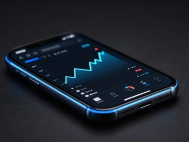 Sleek dark-mode product photography of a mobile screen displaying real-time system performance graphs, neon rim lighting, macro depth of field