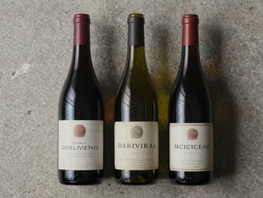 Overhead study of three wine bottles with aged labels arranged on a limestone surface, soft diffused light, no people, editorial still life