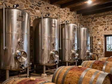 Interior of Viña Mayor León winery, stainless steel tanks and oak barrels under warm cellar light, stone walls, no people, editorial framing