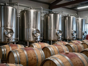 Interior of a winery production hall under cool northern light, stainless steel tanks and oak barrels in the background, no people, industrial-artisan atmosphere
