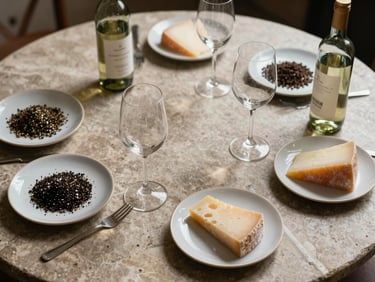 Overhead table study before service: wine glasses, small plates of cecina and aged cheese on a stone surface, bottles with visible sediment, ambient cellar light, no people