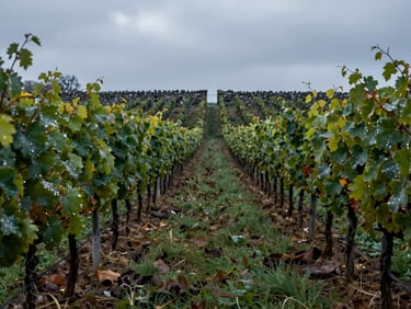Vineyard path between Prieto Picudo rows at dawn, dew on leaves, stone wall in background, no people, ambient overcast light