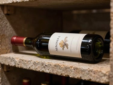 Close-up of a wine bottle with visible sediment resting on stone shelf in a cellar, low cellar light, no people, editorial tone