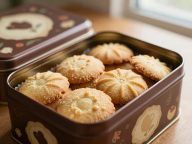 Close-up of a beautifully decorated tin box, slightly ajar, showcasing a stack of golden artisanal butter cookies inside, on a warm wooden surface with gentle shadows, soft morning window light, shallow depth of field, rich chocolate and cream tones