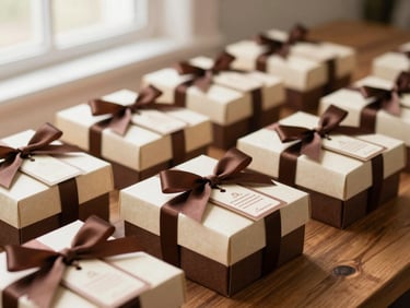 Sophisticated corporate gift boxes with dark chocolate brown ribbons and custom tags, arranged neatly on a wooden table