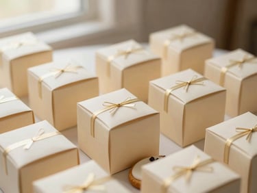 Soft cream-colored baptism favor boxes with golden details, next to a single decorated biscuit, warm lighting