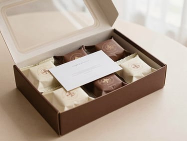 Elegant flat-lay of a corporate gift box, open, with branded artisanal biscuit packs and a custom note, on a clean beige surface, soft diffused light, focus on impeccable presentation and subtle branding, warm editorial food photography