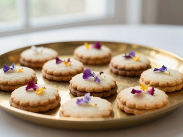 Elegant wedding favor biscuits with edible flower petals, arranged on a brass tray, soft morning light, shallow depth of field
