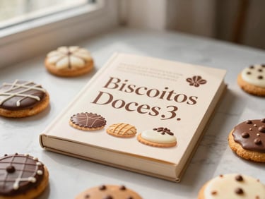 Capa de e-book 'Biscoitos Doces' com ilustração elegante de biscoitos decorados, em tons de bege e marrom, sobre uma superfície de mármore, luz suave.