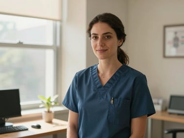 Warm, professional portrait of a female Doctor of Physical Therapy in a bright, clean clinical office, natural daylight streaming through a window, wearing professional medical attire.