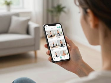 Over-the-shoulder view of a patient holding a smartphone displaying a physical therapy chat interface with clear exercise video clips, bright natural daylight, clean modern living room background.