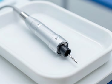 Close-up of a KaVo digital intraoral sensor on a sterile white clinical tray, bright high-key studio lighting, 50mm lens