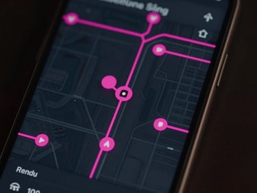 High-fidelity mobile app interface on a physical device, screen showing a dark parking map with neon pink indicators