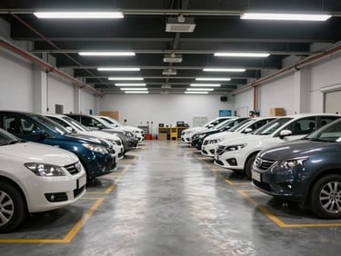 A wide, clean environmental shot of an organized workshop floor in Noida, with cars parked in clean bays under bright clinical overhead lighting