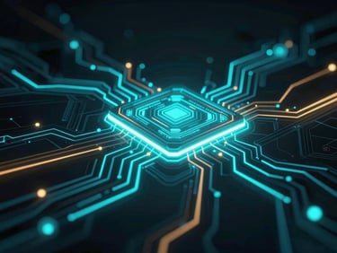 Abstract digital network glowing with electric cyan, representing technological innovation, dark-mode digital illustration, high-contrast neon backlighting