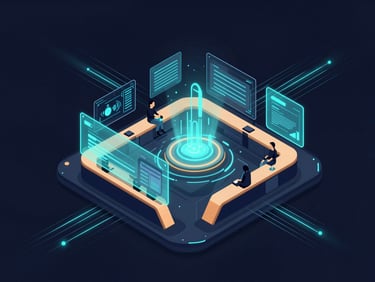 Isometric illustration of a futuristic startup office with glowing data streams, saffron and cyan accents, dark-mode digital illustration