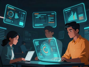 Young Indian developers collaborating on holographic screens, neon backlighting, dark-mode digital illustration, dynamic low-angle shot
