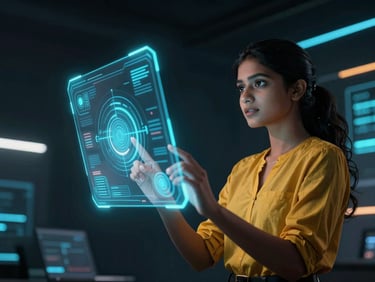 Dynamic low-angle shot of a young Indian woman presenting a holographic interface in a modern tech conference, deep shadows, vibrant cybernetic glows, saffron and cyan accents.
