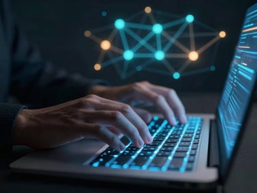 Close-up of hands typing on a keyboard with glowing neon blue light reflecting on the screen, abstract AI neural network graphic in the background, dark-mode digital illustration.