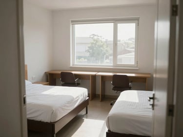 Daytime shot from the doorway of a furnished double-occupancy PG room — two beds with white sheets, two desks side by side under a wide window, tiled floor, bare white walls, natural midday light, no people