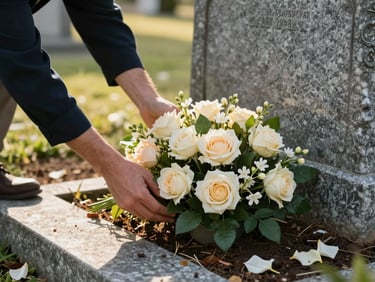 Florist hands in a cemetery placing fresh cream and blush flowers at the base of a stone grave, soil and old petals visible nearby, soft golden-hour light from the left