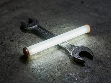 Moody fluorescent lit close-up of a heavy industrial wrench lying on a grease-stained concrete floor, stark shadows.