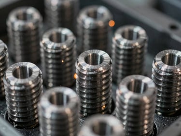 Close-up macro shot of freshly machined steel threads, perfectly formed, under stark industrial light, shallow depth of field, metallic textures.