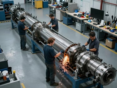 Overhead wide shot of industrial workers assembling a large piece of heavy equipment on a clean shop floor, cool ambient light, organized tools, Rathdrum facility.