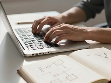 Close-up of hands typing on a laptop next to an open notebook with structured diagrams, soft morning side-light, clean and organized study space.