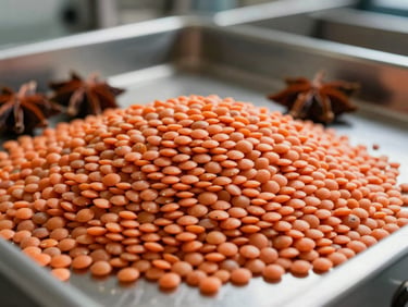 High-contrast close-up of polished red lentils and whole spices heaped in a clean processing facility, bright natural light.