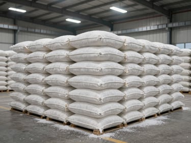 Massive industrial warehouse interior showing stacked metric-ton sacks of refined sugar, clean environment, bright overhead lighting.