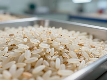 Macro view of raw premium basmati rice grains in a clean industrial testing tray, sharp detail, bright warehouse lighting.