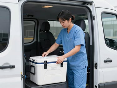 Certified medical transport specialist in a clean uniform securing a temperature-controlled medical cooler inside a pristine vehicle, bright overcast daylight, sharp focus.