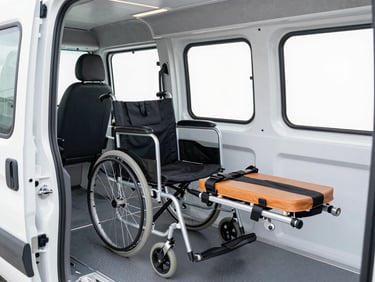 Interior of a medical transport vehicle, showing secure wheelchair and gurney restraints, clean and well-lit, no patients visible, under bright overcast daylight.