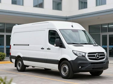 Pristine, modern medical transport vehicle exterior, clean design, parked in front of a hospital entrance under bright overcast daylight, sharp focus.