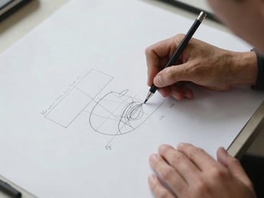 Tight overhead crop of a hand drawing a simple diagram on a large sheet of paper, pencil marks and small handwritten labels visible, other hands at the edges of the frame, overcast indoor light, no faces, documentary detail