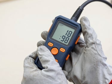 Macro close-up of a hand in a heavy-duty work glove holding a digital gas detector displaying active air quality readings, bright neutral daylight.